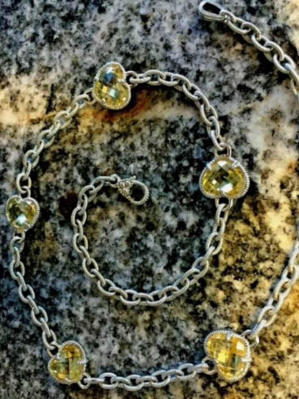 Judith Ripka 18K and Sterling Silver Yellow Canary Quartz Heart Station Necklace